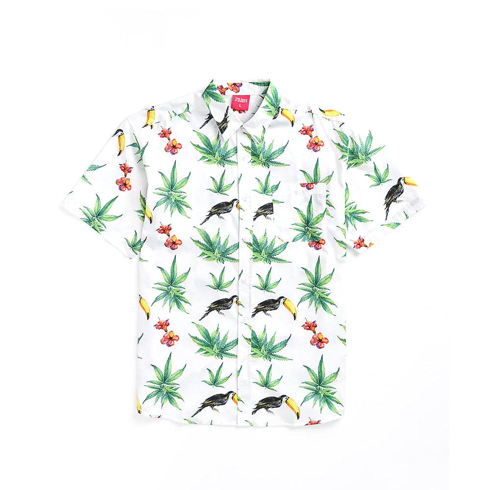 Floral and Toucan print white button up shirt