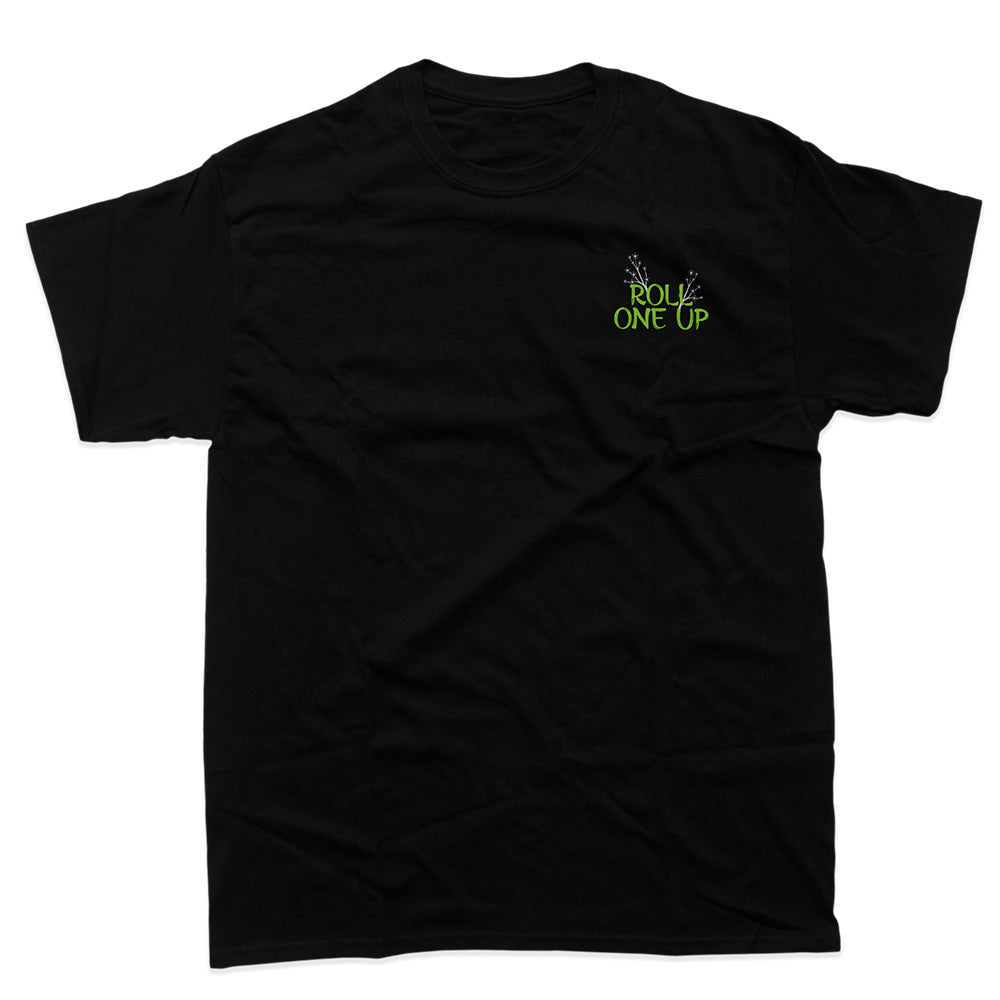 Black tee with cartoon image of cat and writing that says roll one up!