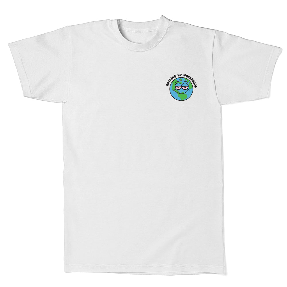 white tee with cartoon earth that reads rolling up worldwide