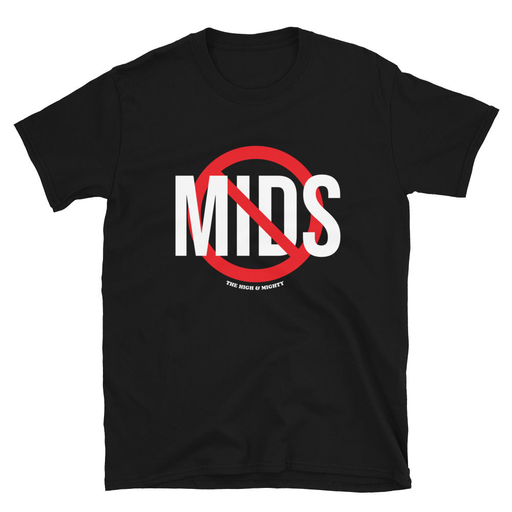 black tee with red circle and slash out the word mids