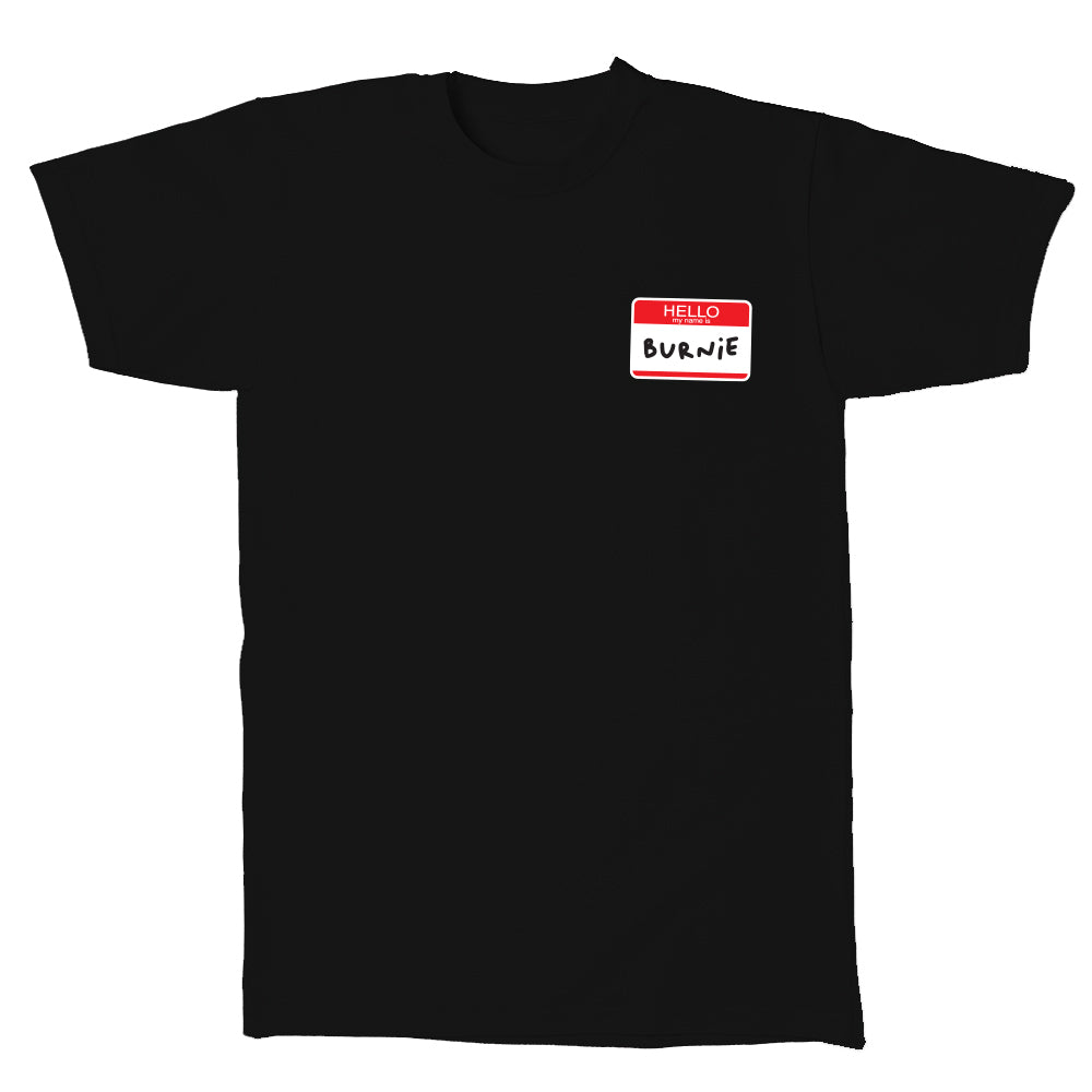 Black tee with small name tag print that says hello my name is burnie