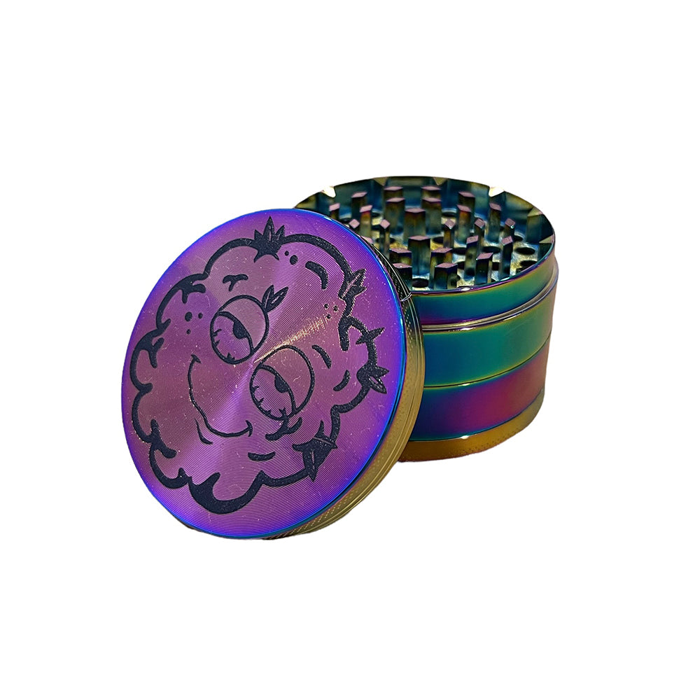 Multi-colored grinder with black burnie character on top