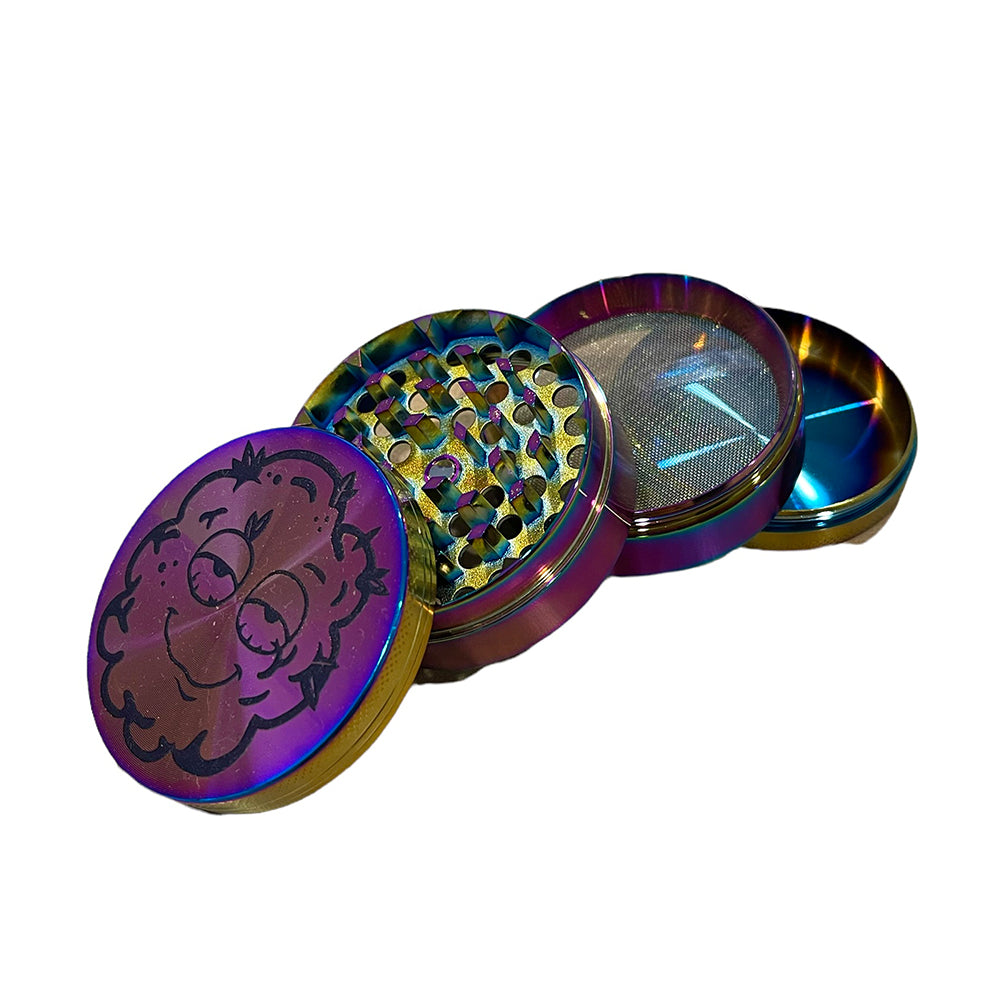 Multi-colored grinder with black burnie character on top