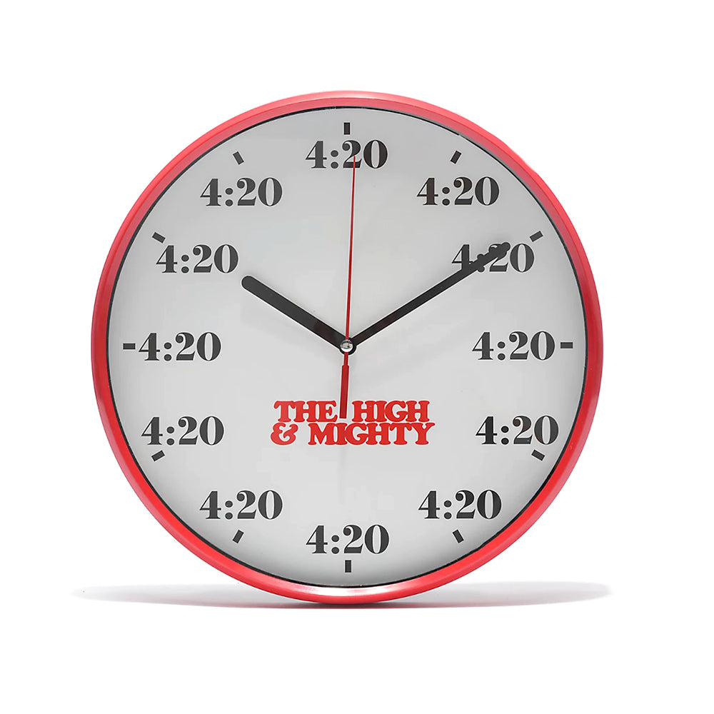 10" red wall clock with every hour saying 4:20