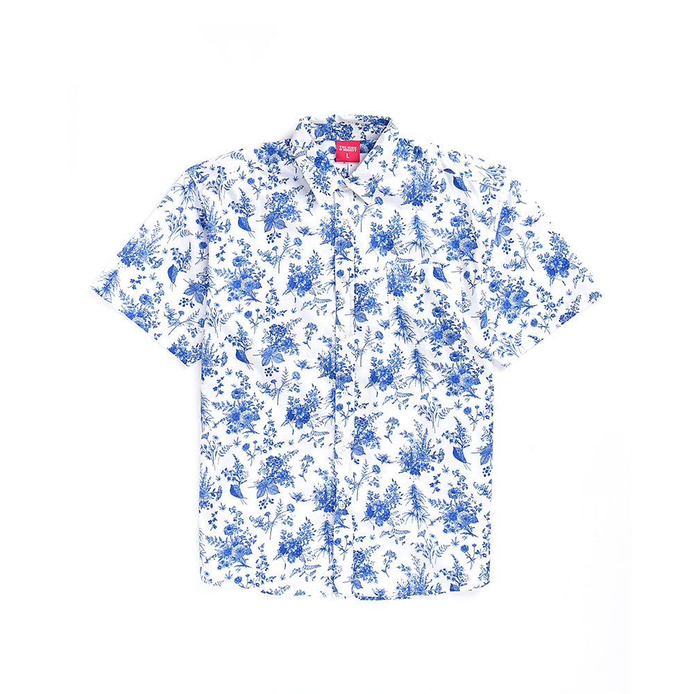 White button up shirt with blue floral pattern