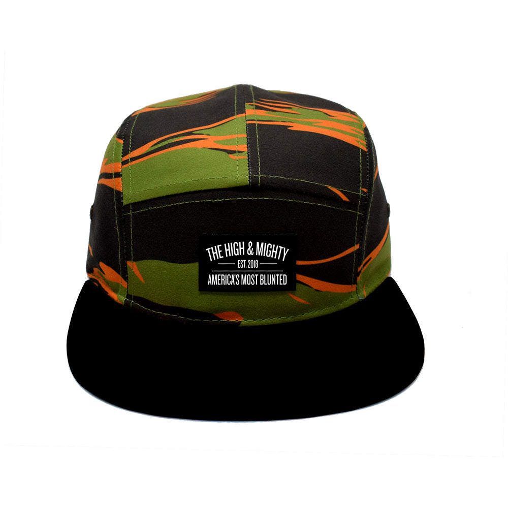 green, orange and black camo hat with front label that reads the high & mighty america's most blunted