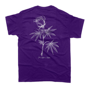 purple tee with white rose and marijuana leaves on back