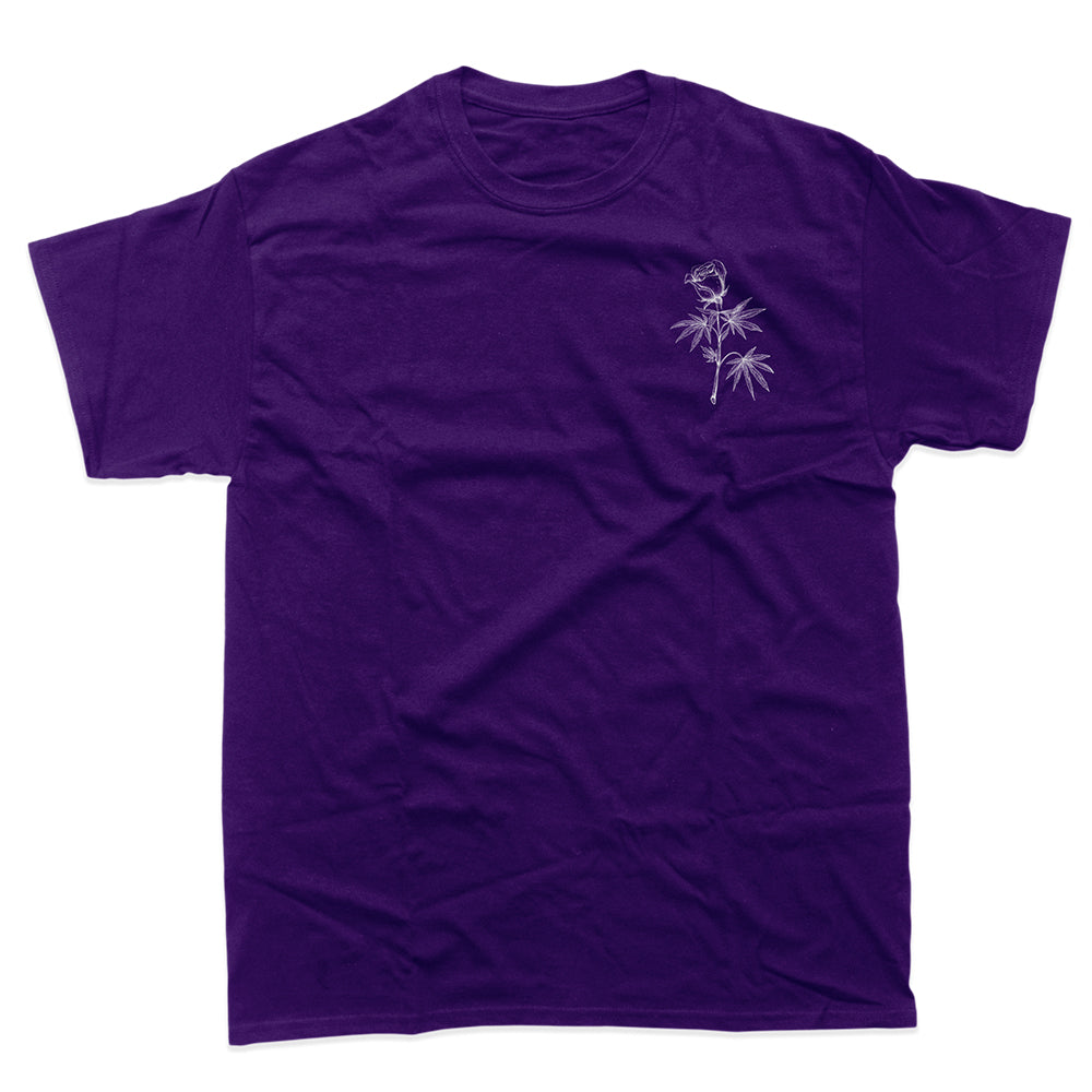 purple tee with white rose and marijuana leaves on front