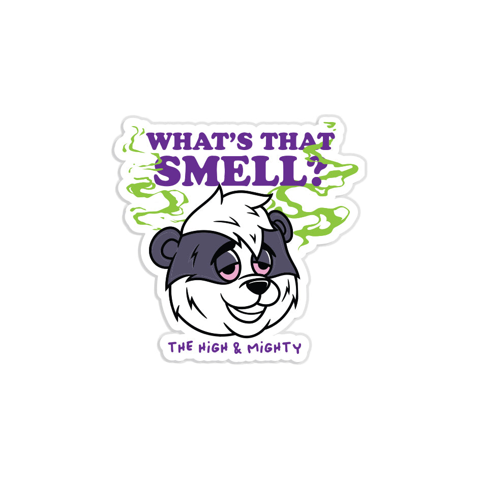 die cut sticker of cartoon skunk and writing that reads what's that smell?