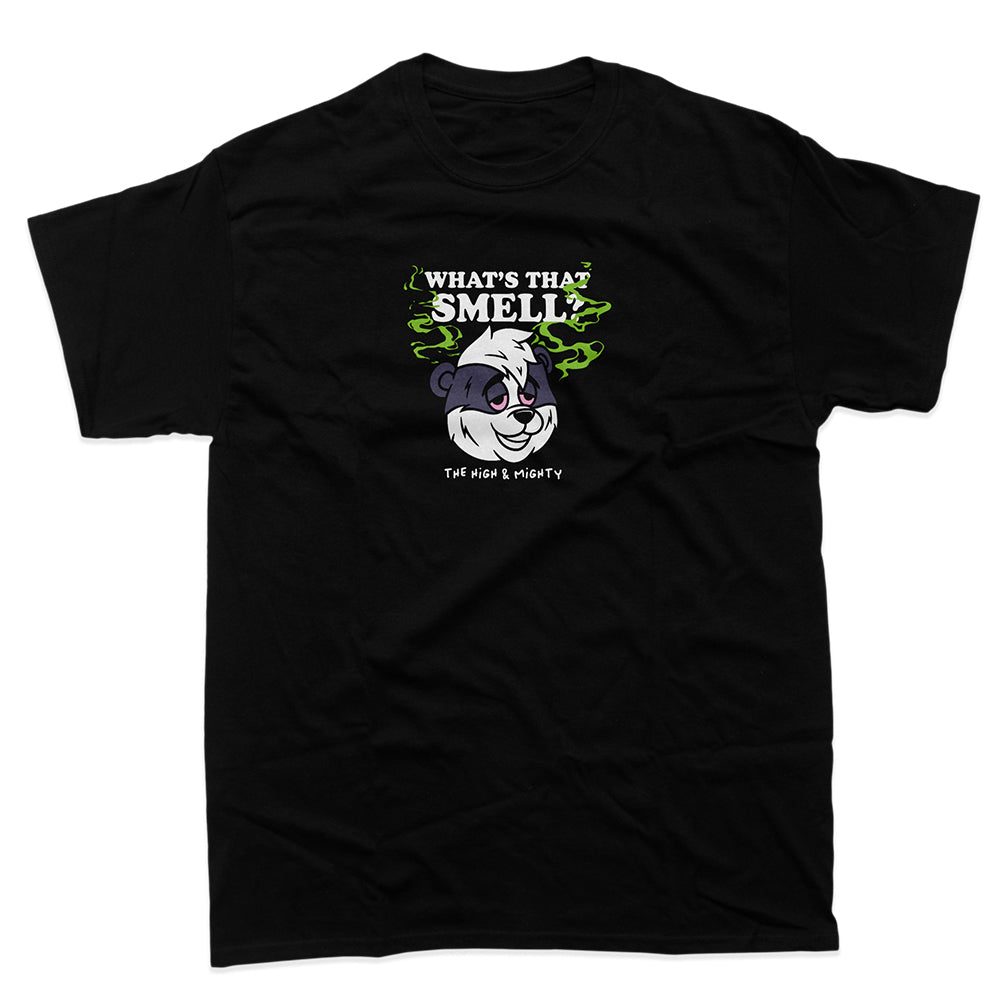 black tee with cartoon image of skunk and writing that reads what's that smell?