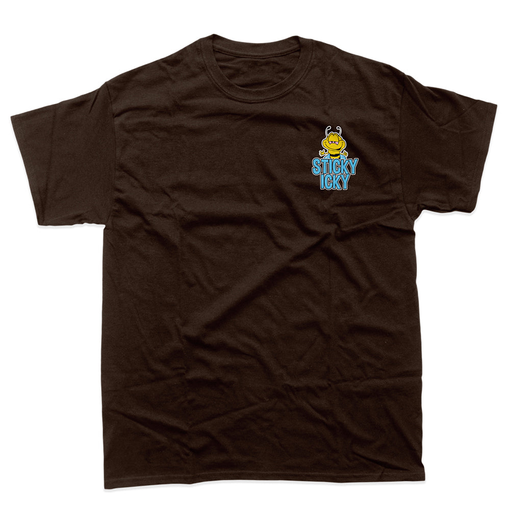 Brown tee with cartoon bee and flowers that reads sticky icky farms