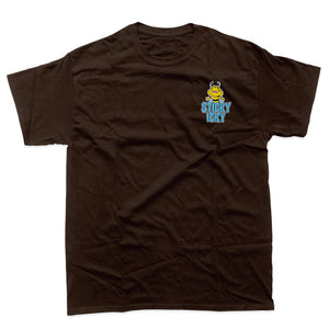Brown tee with cartoon bee that reads sticky icky
