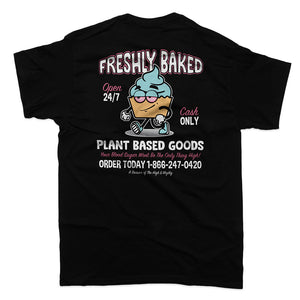 black tee with cartoon cupcake that reads freshly baked