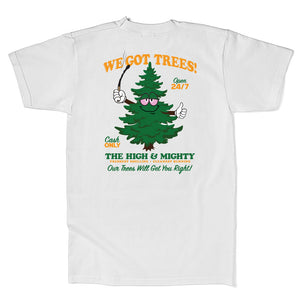 white tee with cartoon tree that reads we got trees!