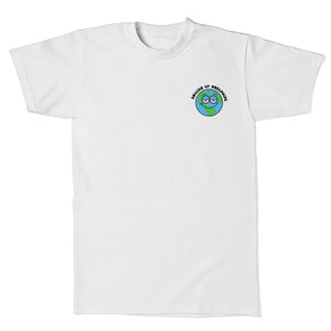 white tee with cartoon earth that reads the high & mighty