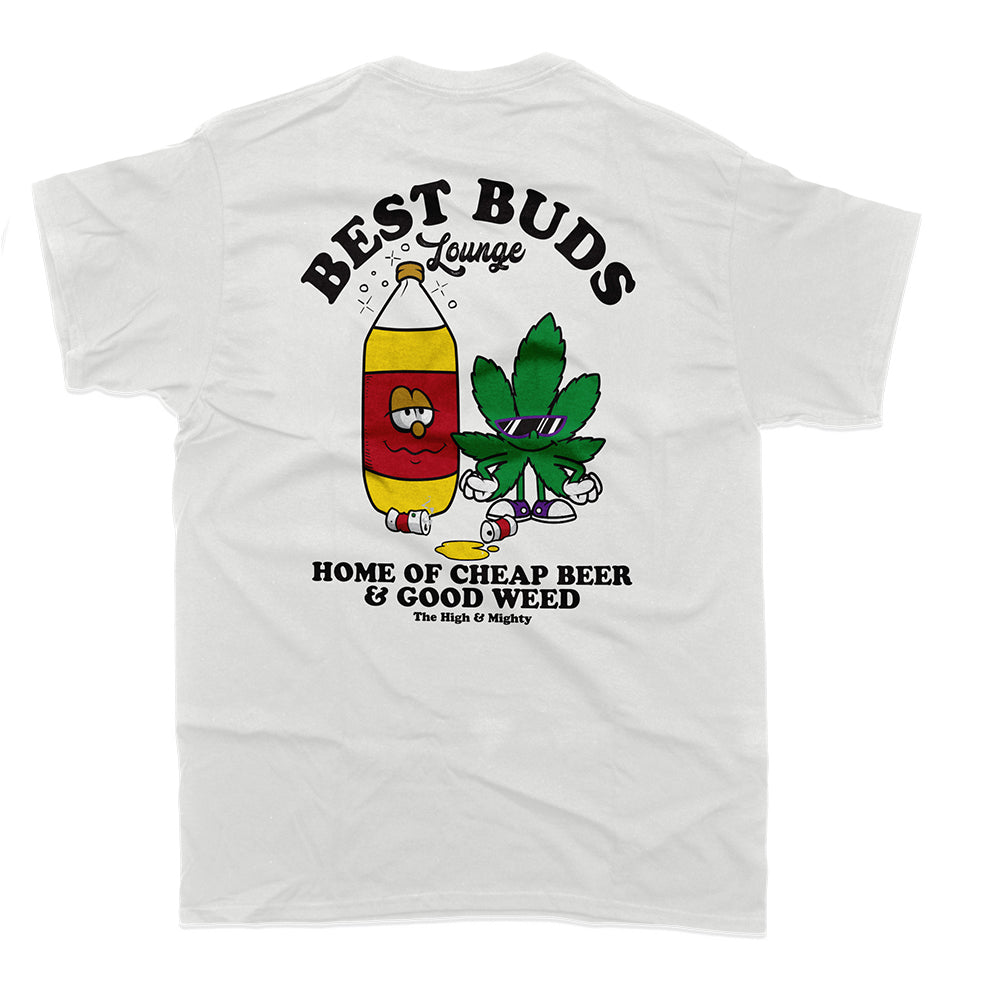 White tee with cartoon style beer and marijuana leaf characters