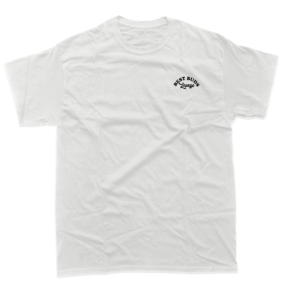 White tee with small print that reads best buds lounge