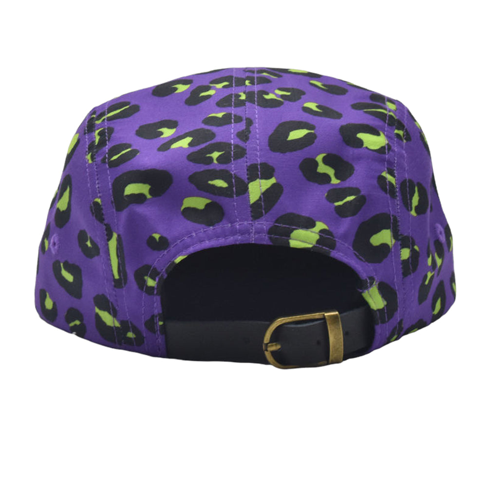 purple, green and black cheetah print hat with front label the reads the high & mighty