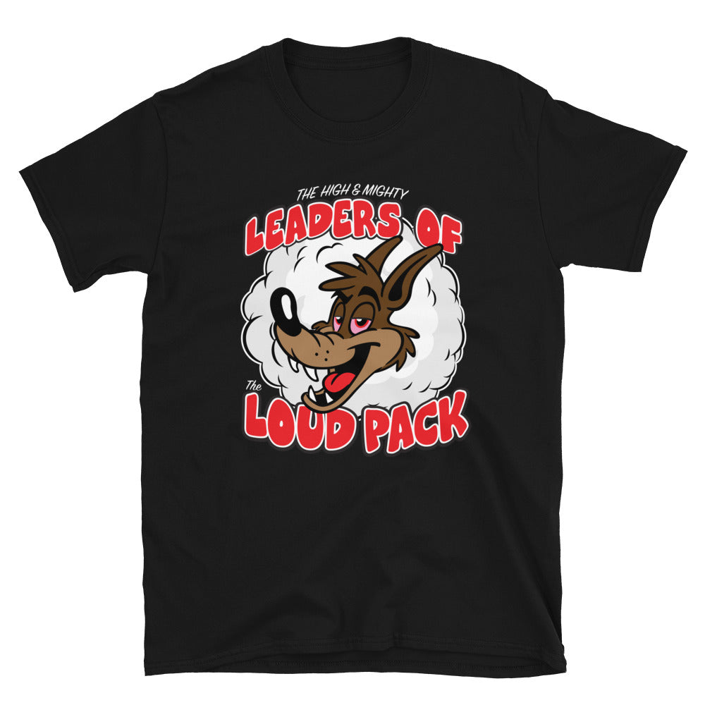 Black tee with cartoon wolf that reads leaders of the loud pack