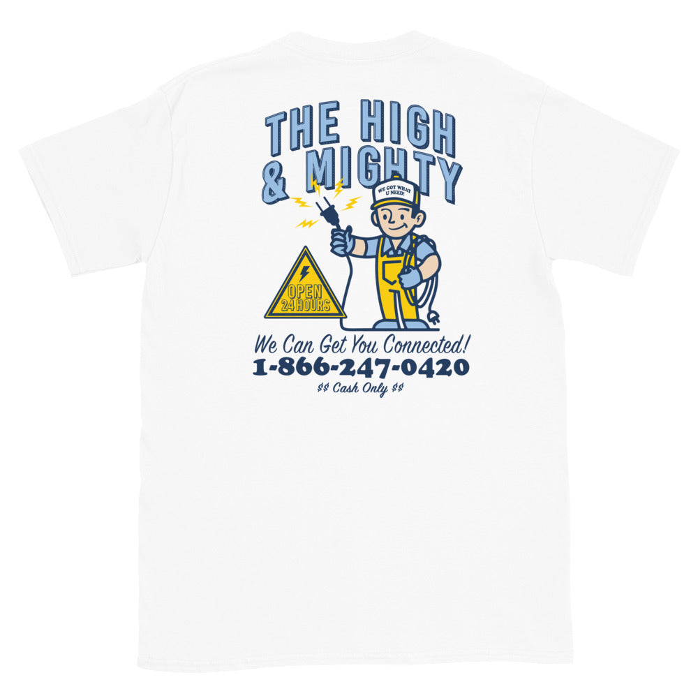 white tee with cartoon handy man that reads the high & mighty